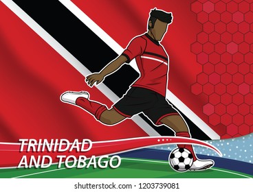 Vector illustration of football player shooting on goal. Soccer team player in uniform with state national flag of trinidad and tobago.