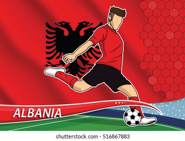 Vector illustration of football player shooting on goal. Soccer team player in uniform with state national flag of albania