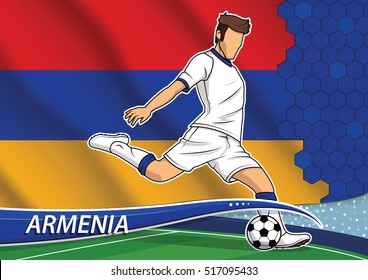 Vector illustration of football player shooting on goal. Soccer team player in uniform with state national flag of Armenia