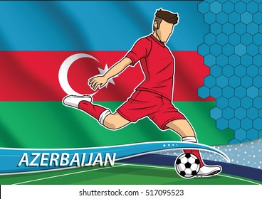 Vector illustration of football player shooting on goal. Soccer team player in uniform with state national flag of Azerbaijan.