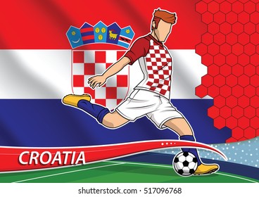Vector illustration of football player shooting on goal. Soccer team player in uniform with state national flag of Croatia.