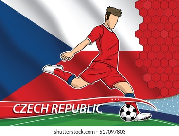 Vector illustration of football player shooting on goal. Soccer team player in uniform with state national flag of Czech republic.