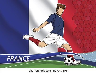 Vector illustration of football player shooting on goal. Soccer team player in uniform with state national flag of France.