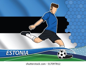 Vector illustration of football player shooting on goal. Soccer team player in uniform with state national flag of Estonia.