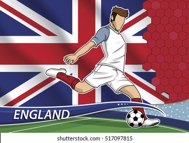 Vector illustration of football player shooting on goal. Soccer team player in uniform with state national flag of England.