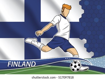 Vector illustration of football player shooting on goal. Soccer team player in uniform with state national flag of Finland.