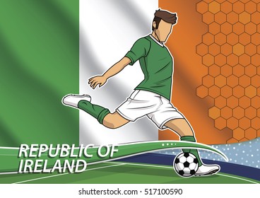Vector illustration of football player shooting on goal. Soccer team player in uniform with state national flag of Republic of Ireland.
