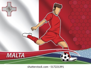 Vector illustration of football player shooting on goal. Soccer team player in uniform with state national flag of Malta.