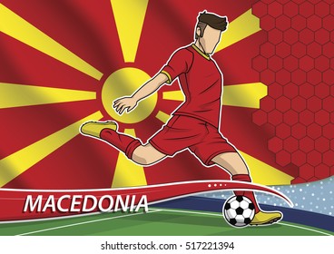 Vector illustration of football player shooting on goal. Soccer team player in uniform with state national flag of Macedonia.