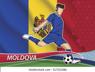 Vector illustration of football player shooting on goal. Soccer team player in uniform with state national flag of Moldova.