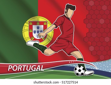 Vector illustration of football player shooting on goal. Soccer team player in uniform with state national flag of Portugal.