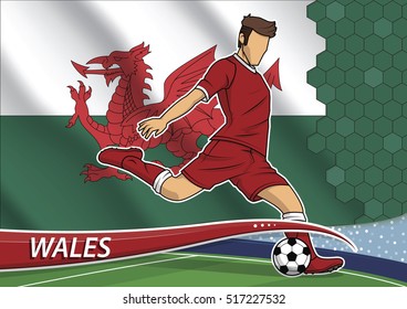 Vector illustration of football player shooting on goal. Soccer team player in uniform with state national flag of Wales.