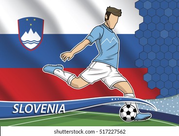 Vector illustration of football player shooting on goal. Soccer team player in uniform with state national flag of Slovenia.