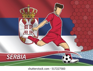 Vector illustration of football player shooting on goal. Soccer team player in uniform with state national flag of Serbia.