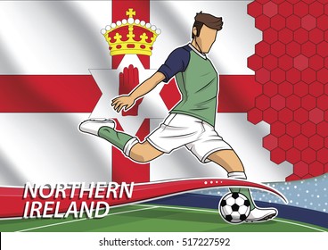 Vector illustration of football player shooting on goal. Soccer team player in uniform with state national flag of Northern Ireland.