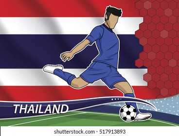 Vector illustration of football player shooting on goal. Soccer team player in uniform with state national flag of thailand