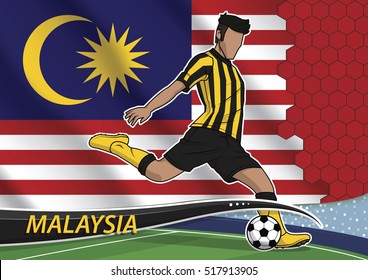 Vector illustration of football player shooting on goal. Soccer team player in uniform with state national flag of malaysia.
