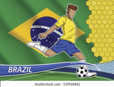 Vector illustration of football player shooting on goal. Soccer team player in uniform with state national flag of brazil.