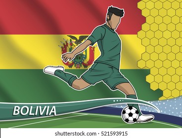 Vector illustration of football player shooting on goal. Soccer team player in uniform with state national flag of bolivia.