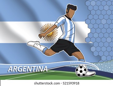 Vector illustration of football player shooting on goal. Soccer team player in uniform with state national flag of argentina.