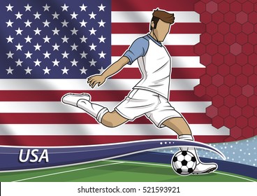 Vector illustration of football player shooting on goal. Soccer team player in uniform with state national flag of united states of america.