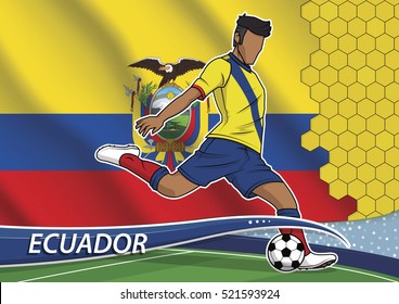 Vector illustration of football player shooting on goal. Soccer team player in uniform with state national flag of ecuador.