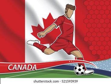 Vector illustration of football player shooting on goal. Soccer team player in uniform with state national flag of canada.