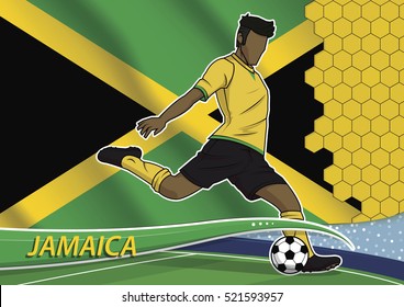 Vector illustration of football player shooting on goal. Soccer team player in uniform with state national flag of jamaica.