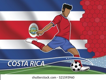 Vector illustration of football player shooting on goal. Soccer team player in uniform with state national flag of costa rica.