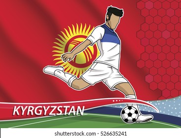 Vector illustration of football player shooting a goal. Soccer team player in uniform with state national flag of kyrgyzstan.