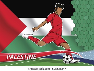 Vector illustration of football player shooting on goal. Soccer team player in uniform with state national flag of palestine.