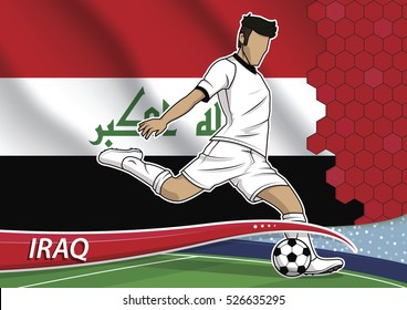 Vector illustration of football player shooting on goal. Soccer team player in uniform with state national flag of iraq.