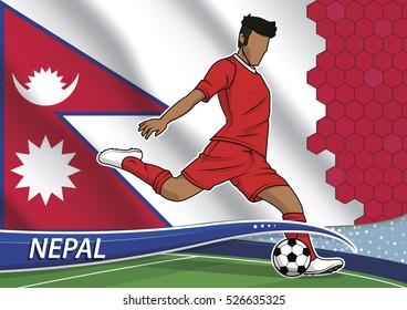 Vector illustration of football player shooting on goal. Soccer team player in uniform with state national flag of nepal.