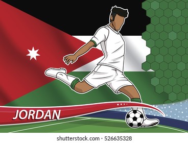 Vector illustration of football player shooting on goal. Soccer team player in uniform with state national flag of jordan.