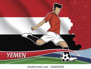 Vector illustration of football player shooting on goal. Soccer team player in uniform with state national flag of yemen.