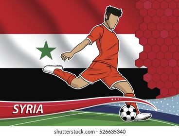 Vector illustration of football player shooting on goal. Soccer team player in uniform with state national flag of syria.