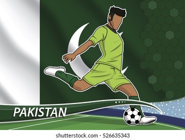 Vector illustration of football player shooting on goal. Soccer team player in uniform with state national flag of pakistan.
