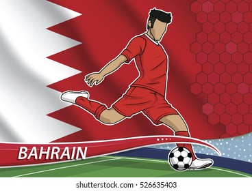 Vector illustration of football player shooting on goal. Soccer team player in uniform with state national flag of bahrain.