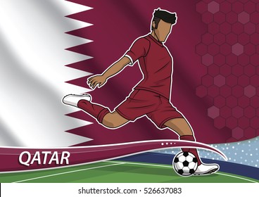 Vector Illustration Of Football Player Shooting On Goal. Soccer Team Player In Uniform With State National Flag Of Qatar.