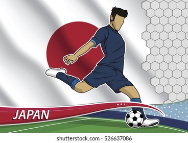 Vector illustration of football player shooting on goal. Soccer team player in uniform with state national flag of japan.