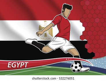 Vector illustration of football player shooting on goal. Soccer team player in uniform with state national flag of egypt.