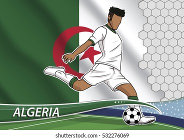 Vector illustration of football player shooting on goal. Soccer team player in uniform with state national flag of algeria.