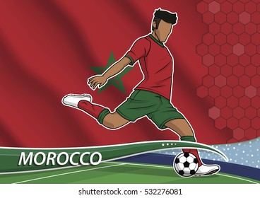 Vector illustration of football player shooting on goal. Soccer team player in uniform with state national flag of morocco.