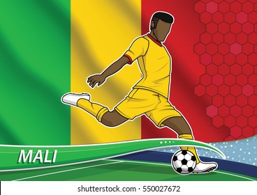 Vector illustration of football player shooting on goal. Soccer team player in uniform with state national flag of mali.