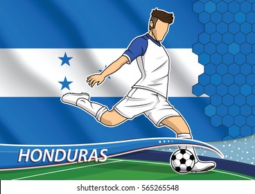 Vector illustration of football player shooting on goal. Soccer team player in uniform with state national flag of honduras