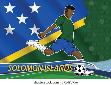 Vector illustration of football player shooting on goal. Soccer team player in uniform with state national flag of solomon islands