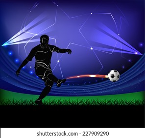 Vector illustration of football player silhouette kicking the ball over football stadium background.