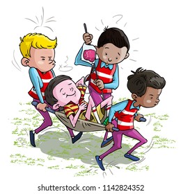 Vector illustration, football player and stretcher-bearers, cartoon concept.