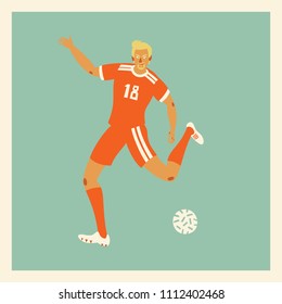 Vector illustration with football player in uniform in colors of Russian team for world championship 2018. Vector card with footballer in trendy flat style
