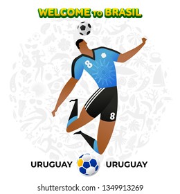 Ilustración vectorial del futbolista uruguayo en el fondo de un patrón de símbolos nacionales brasileños, animales y plantas tropicales. Copa América 2019 en Brasil. 